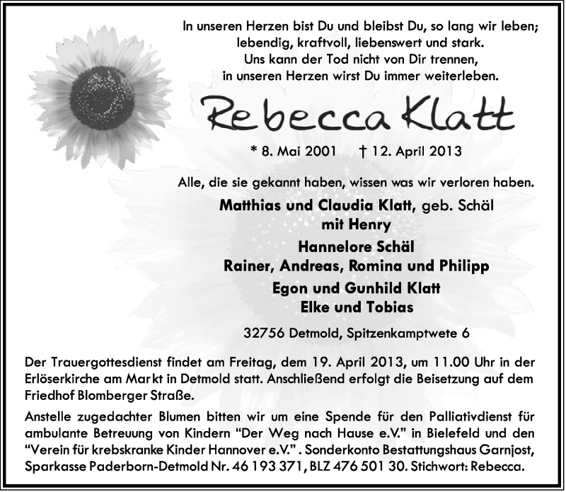  Traueranzeige für Rebecca Klatt vom 16.04.2013 aus Lippische Landes-Zeitung