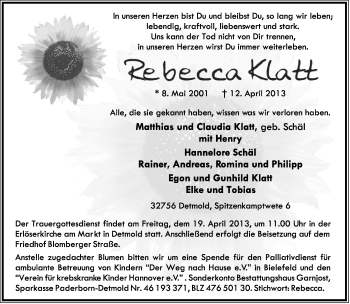Anzeige  Rebecca Klatt  Lippische Landes-Zeitung