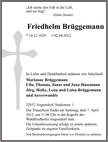 Anzeige  Friedhelm Brüggemann  Lippische Landes-Zeitung