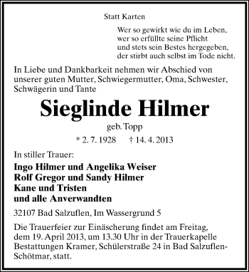 Anzeige  Sieglinde Hilmer  Lippische Landes-Zeitung