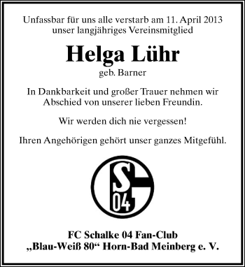 Anzeige  Helga Lühr  Lippische Landes-Zeitung