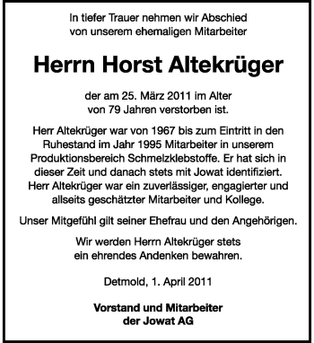 Anzeige  Horst Altekrüger  Lippische Landes-Zeitung