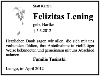 Anzeige  Felizitas Lening  Lippische Landes-Zeitung