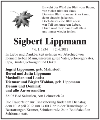 Anzeige  Sigbert Lippmann  Lippische Landes-Zeitung