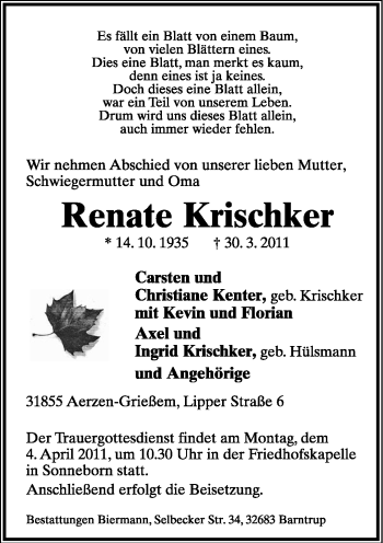 Anzeige  Renate Krischker  Lippische Landes-Zeitung
