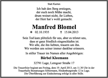 Anzeige  Manfred Blomel  Lippische Landes-Zeitung