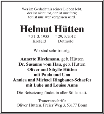 Anzeige  Helmut Hütten  Lippische Landes-Zeitung
