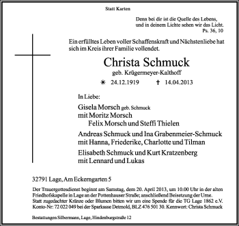 Anzeige  Christa Schmuck  Lippische Landes-Zeitung