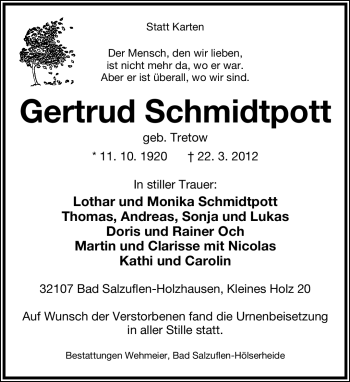 Anzeige  Gertrud Schmidtpott  Lippische Landes-Zeitung