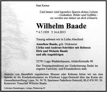 Anzeige  Wilhelm Baade  Lippische Landes-Zeitung