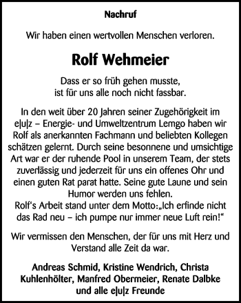 Anzeige  Rolf Wehmeier  Lippische Landes-Zeitung