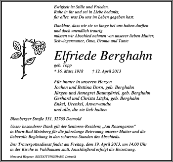 Anzeige  Elfriede Berghahn  Lippische Landes-Zeitung