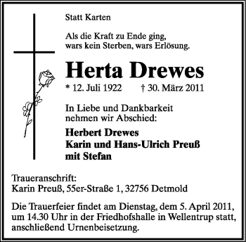 Anzeige  Herta Drewes  Lippische Landes-Zeitung