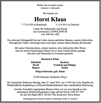 Anzeige  Horst Klaus  Lippische Landes-Zeitung