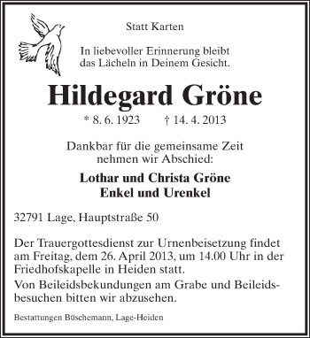 Anzeige  Hildegard Gröne  Lippische Landes-Zeitung