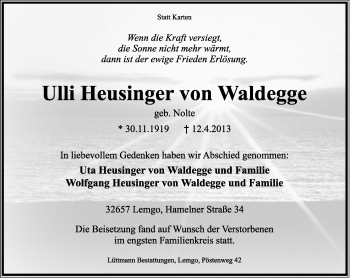 Anzeige  Ulli Heusinger von Waldegge  Lippische Landes-Zeitung