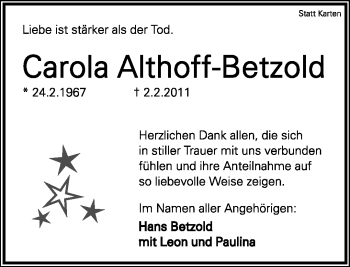 Anzeige  Carola Althoff-Betzold  Lippische Landes-Zeitung