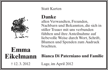 Anzeige  Emma Eikelmann  Lippische Landes-Zeitung