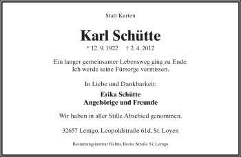 Anzeige  Karl Schütte  Lippische Landes-Zeitung
