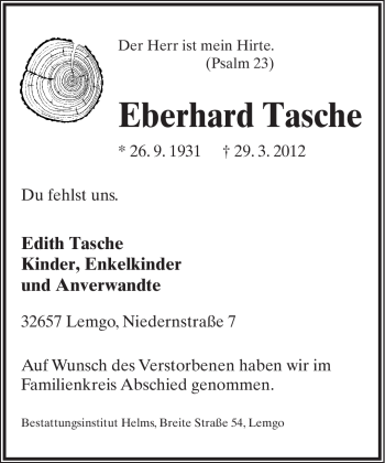Anzeige  Eberhard Tasche  Lippische Landes-Zeitung