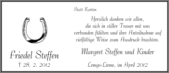 Anzeige  Friedel Steffen  Lippische Landes-Zeitung