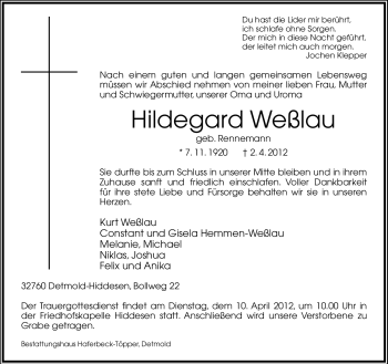 Anzeige  Hildegard Weßlau  Lippische Landes-Zeitung