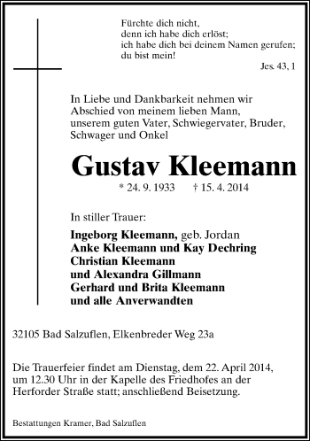 Anzeige  Gustav Kleemann  Lippische Landes-Zeitung
