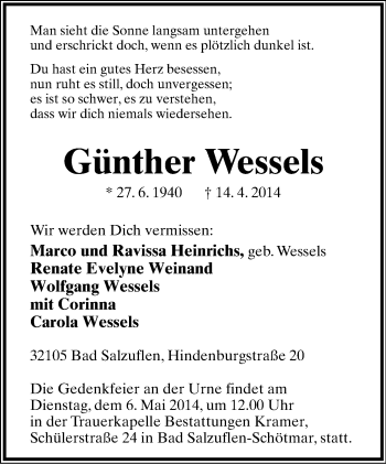 Anzeige  Günther Wessels  Lippische Landes-Zeitung