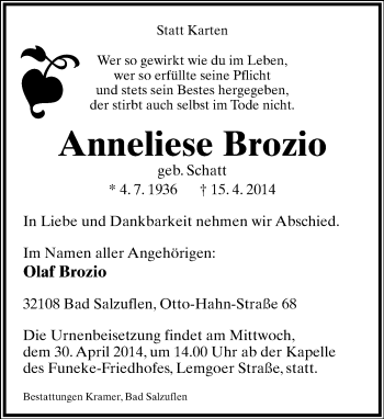 Anzeige  Anneliese Brozio  Lippische Landes-Zeitung