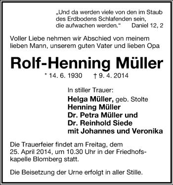 Anzeige  Rolf-Henning Müller  Lippische Landes-Zeitung
