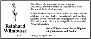 Anzeige  Reinhard Wilmbusse  Lippische Landes-Zeitung