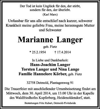 Anzeige  Marianne Langer  Lippische Landes-Zeitung