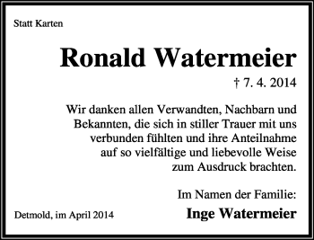 Anzeige  Roland Watermeier  Lippische Landes-Zeitung