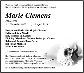 Anzeige  Marie Clemens  Lippische Landes-Zeitung