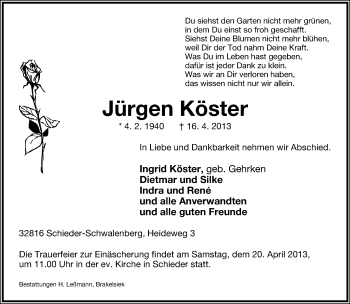 Anzeige  Jürgen Köster  Lippische Landes-Zeitung