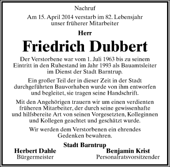 Anzeige  Friedrich Dubbert  Lippische Landes-Zeitung