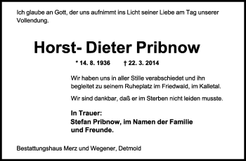 Anzeige  Horst-Dieter Pribnow  Lippische Landes-Zeitung