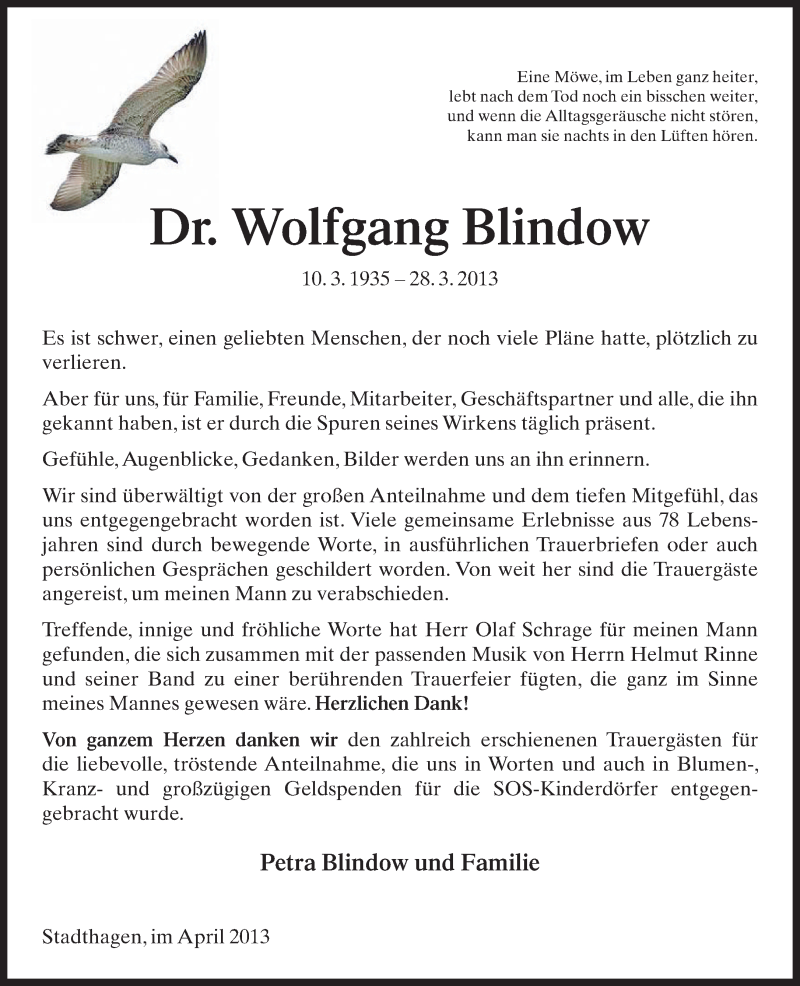  Traueranzeige für Wolfgang Blindow vom 20.04.2013 aus Lippische Landes-Zeitung