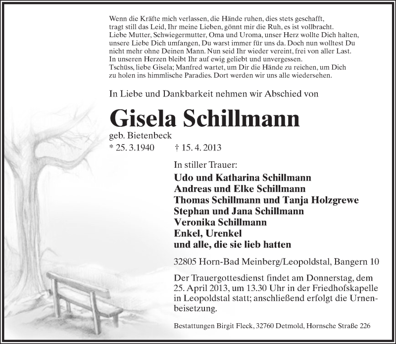  Traueranzeige für Gisela Schillmann vom 20.04.2013 aus Lippische Landes-Zeitung