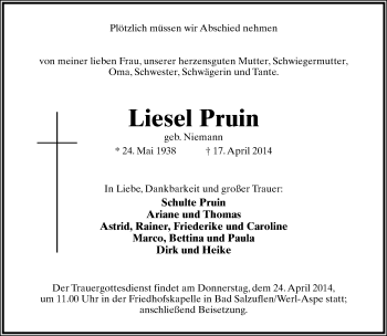 Anzeige  Liesel Pruin  Lippische Landes-Zeitung