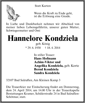 Anzeige  Hannelore Kondziela  Lippische Landes-Zeitung