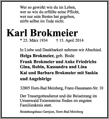 Anzeige  Karl Brokmeier  Lippische Landes-Zeitung