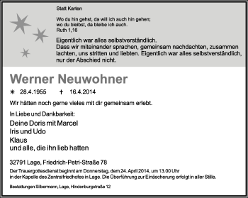Anzeige  Werner Neuwohner  Lippische Landes-Zeitung