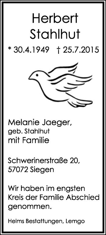 Anzeige  Herbert Stahlhut  Lippische Landes-Zeitung