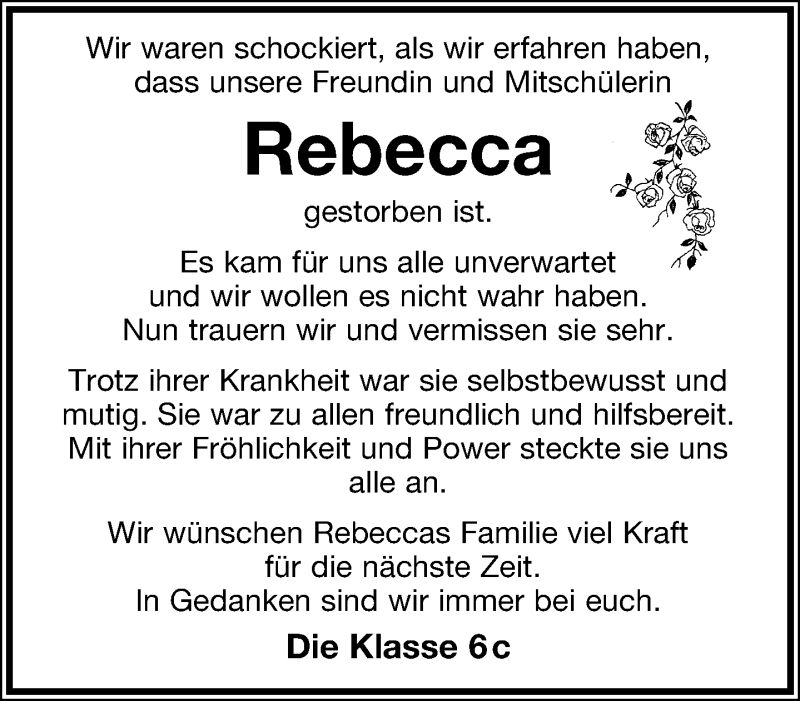  Traueranzeige für Rebecca Klatt vom 19.04.2013 aus Lippische Landes-Zeitung