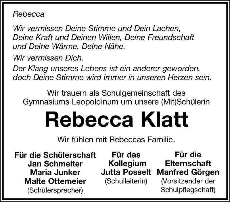  Traueranzeige für Rebecca Klatt vom 19.04.2013 aus Lippische Landes-Zeitung