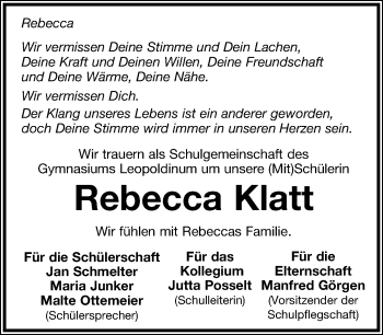 Anzeige  Rebecca Klatt  Lippische Landes-Zeitung