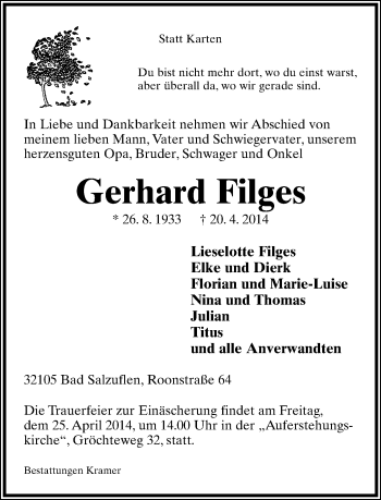 Anzeige  Gerhard Filges  Lippische Landes-Zeitung