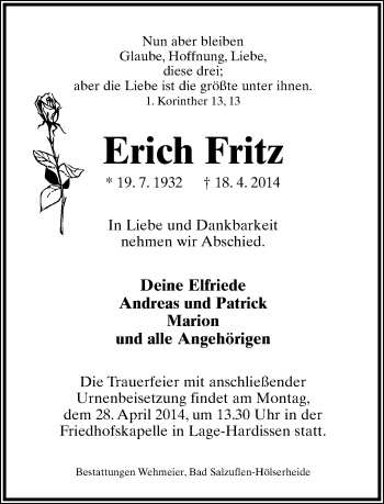 Anzeige  Erich Fritz  Lippische Landes-Zeitung