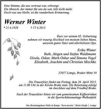 Anzeige  Werner Winter  Lippische Landes-Zeitung